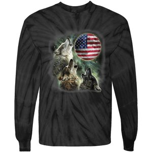 The Mountain Three Wolfs American Flag Moons Tie-Dye Long Sleeve Shirt