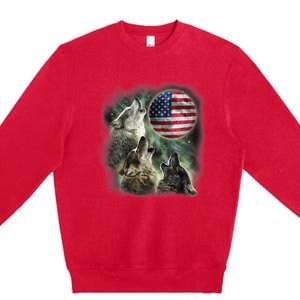 The Mountain Three Wolfs American Flag Moons Premium Crewneck Sweatshirt