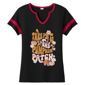 Take Me To The Pumpkin Patch Groovy Fall Retro Halloween Gift Ladies Halftime Notch Neck Tee