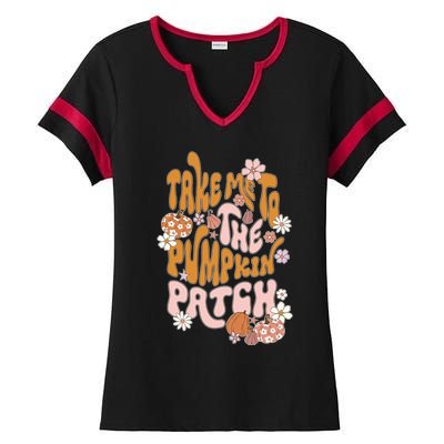 Take Me To The Pumpkin Patch Groovy Fall Retro Halloween Gift Ladies Halftime Notch Neck Tee