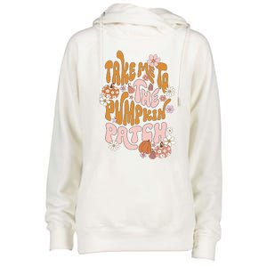 Take Me To The Pumpkin Patch Groovy Fall Retro Halloween Gift Womens Funnel Neck Pullover Hood