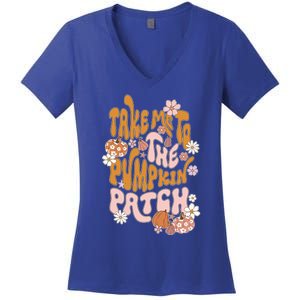 Take Me To The Pumpkin Patch Groovy Fall Retro Halloween Gift Women's V-Neck T-Shirt