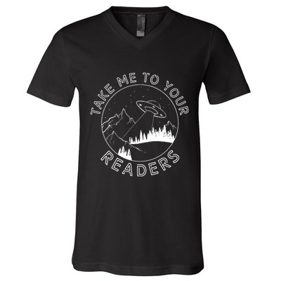 Take Me To Your Readers Alien Funny Reading Librarian V-Neck T-Shirt
