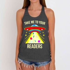 Take Me To Your Readers Alien Reading Reading Lover Book Lover Women's Knotted Racerback Tank