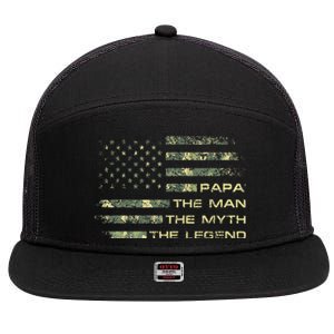 The Man The Myth The Legend Papa Fathers Day Camo US Flag 7 Panel Mesh Trucker Snapback Hat