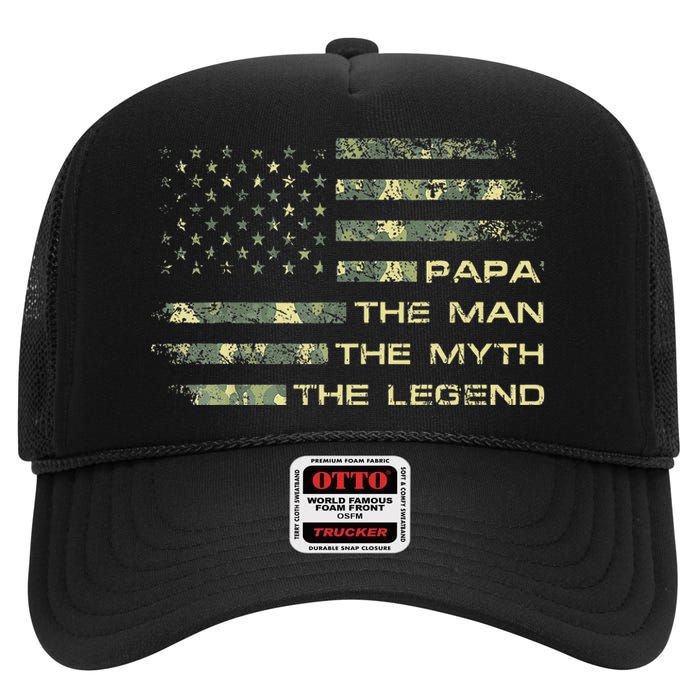 The Man The Myth The Legend Papa Fathers Day Camo US Flag High Crown Mesh Back Trucker Hat