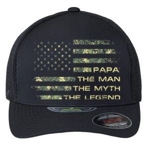 The Man The Myth The Legend Papa Fathers Day Camo US Flag Flexfit Unipanel Trucker Cap