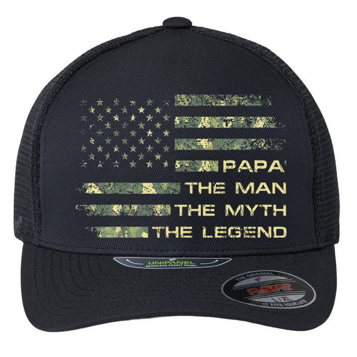 The Man The Myth The Legend Papa Fathers Day Camo US Flag Flexfit Unipanel Trucker Cap