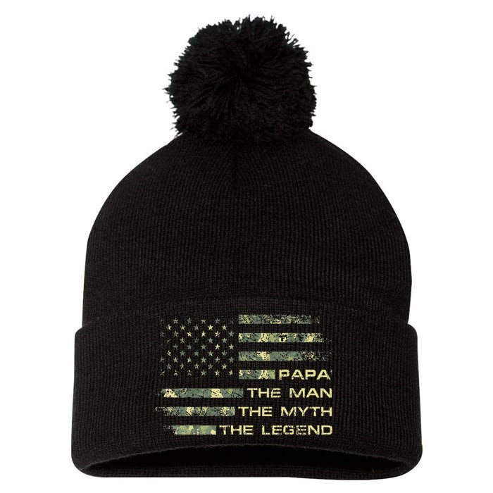 The Man The Myth The Legend Papa Fathers Day Camo US Flag Pom Pom 12in Knit Beanie