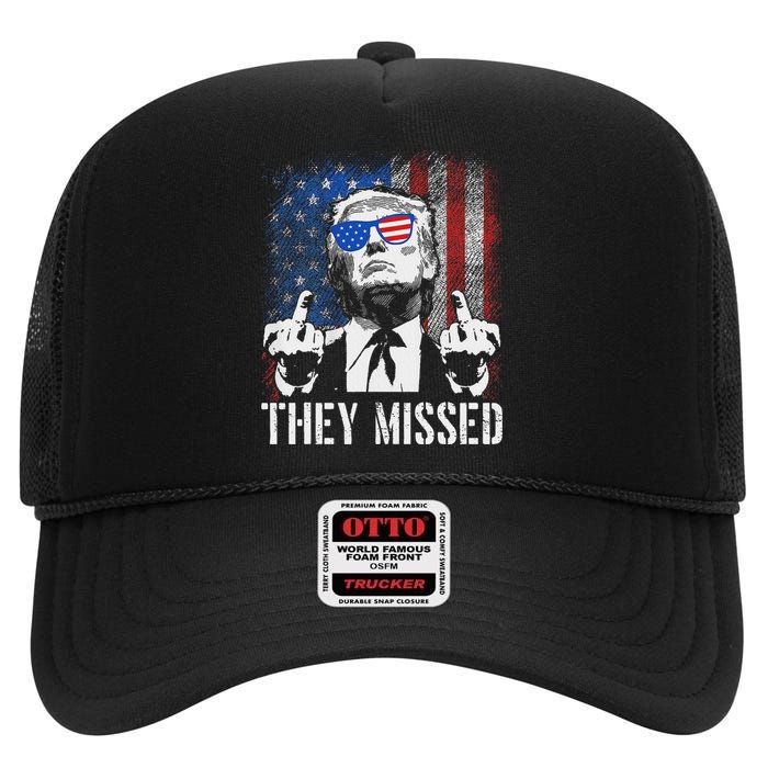 They Missed Trump 2024 American Flag Design High Crown Mesh Back Trucker Hat