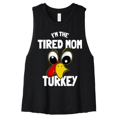 Tired Mom Turkey Family Group Matching Thanksgiving Funny Women's Racerback Cropped Tank