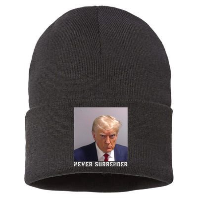 Trump never surrender 2024 Mugshot Sustainable Knit Beanie