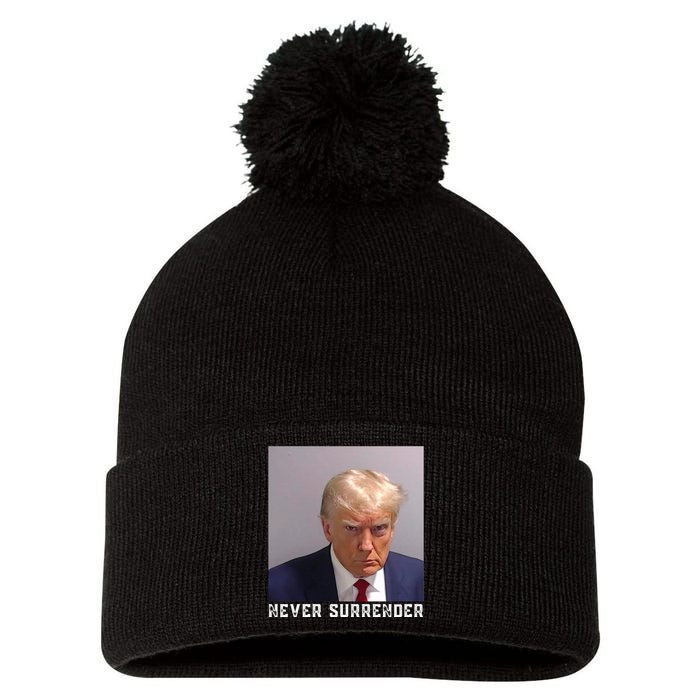 Trump never surrender 2024 Mugshot Pom Pom 12in Knit Beanie