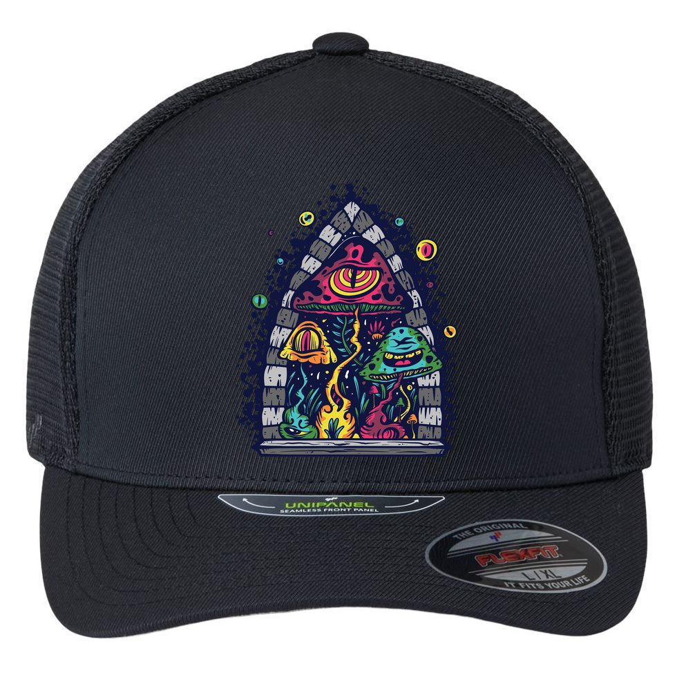 Trippy Mushrooms Flexfit Unipanel Trucker Cap