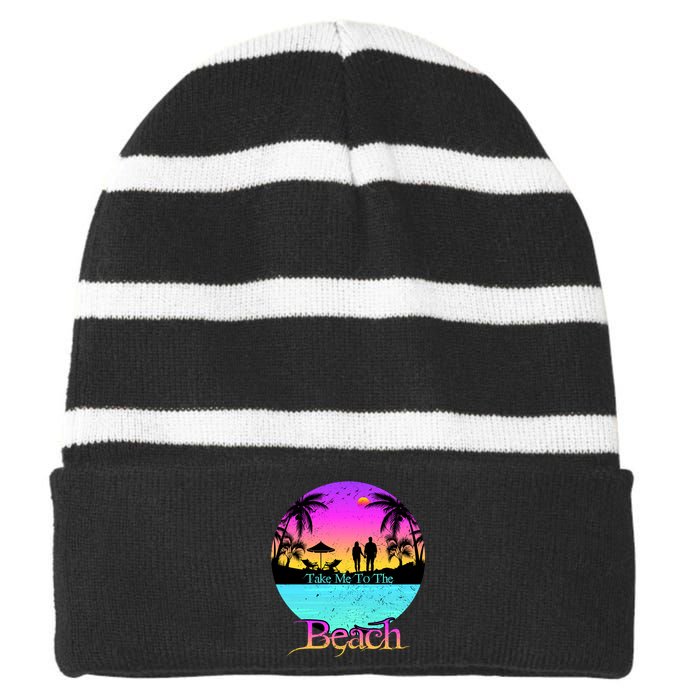 Take Me To The Beach With A Summer Couple Striped Beanie with Solid Band