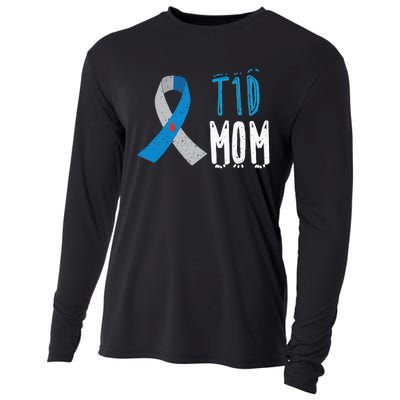 T1D mom type 1 diabetes awareness blue ribbon  gift Cooling Performance Long Sleeve Crew