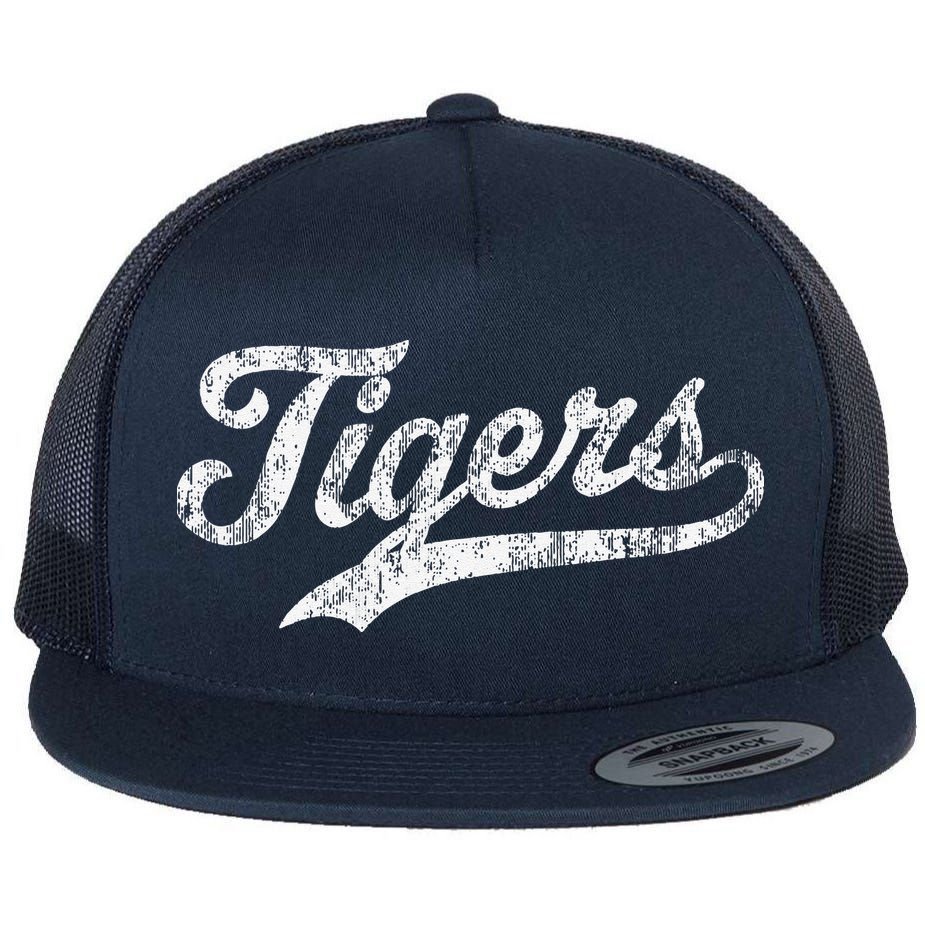Tigers Mascot Vintage Sports Name Flat Bill Trucker Hat