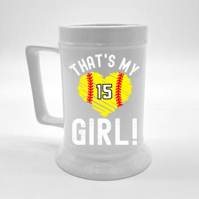 ThatS My Vintage Number #15 Heart Softball Mom Dad Gift Beer Stein