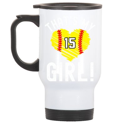 ThatS My Vintage Number #15 Heart Softball Mom Dad Gift Stainless Steel Travel Mug