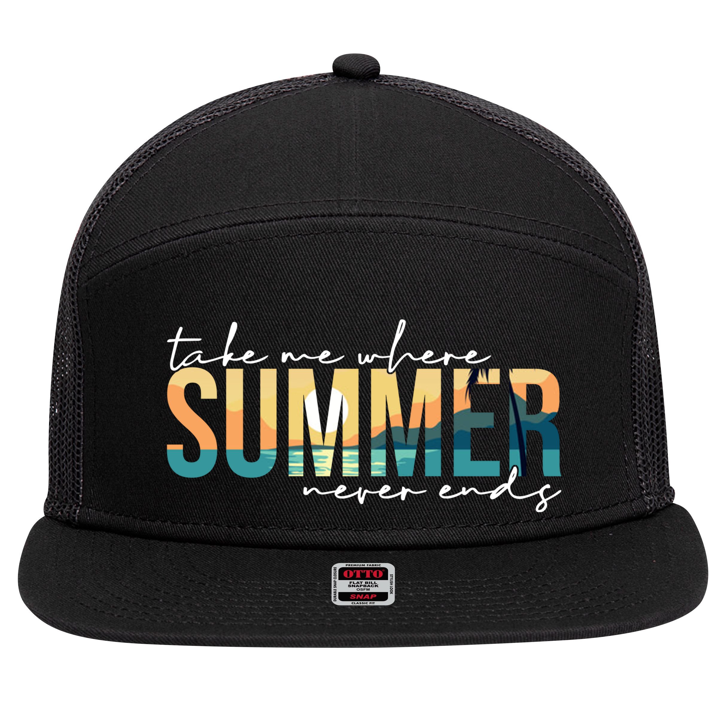 Take Me Where Summer Never Ends 7 Panel Mesh Trucker Snapback Hat