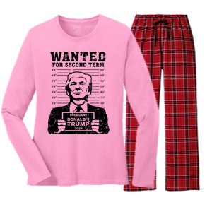 Trump Mugshot Wanted For Second Term 2024 Women's Long Sleeve Flannel Pajama Set 