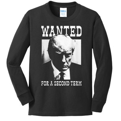 Trump Mugshot Wanted For Second Term 2024 Kids Long Sleeve Shirt