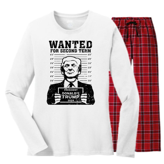 Trump Mugshot Wanted For Second Term 2024 Women's Long Sleeve Flannel Pajama Set 