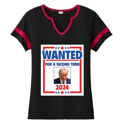 Trumps Mugshot Wanted For A Second Term 2024 President Ladies Halftime Notch Neck Tee