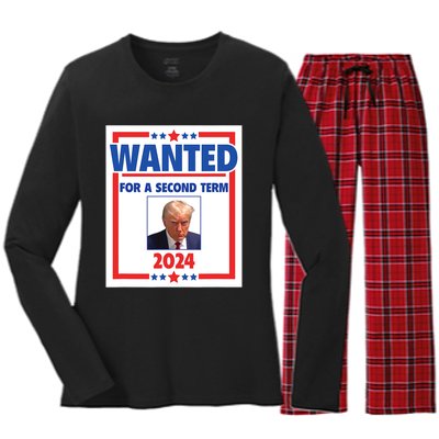 Trumps Mugshot Wanted For A Second Term 2024 President Women's Long Sleeve Flannel Pajama Set 