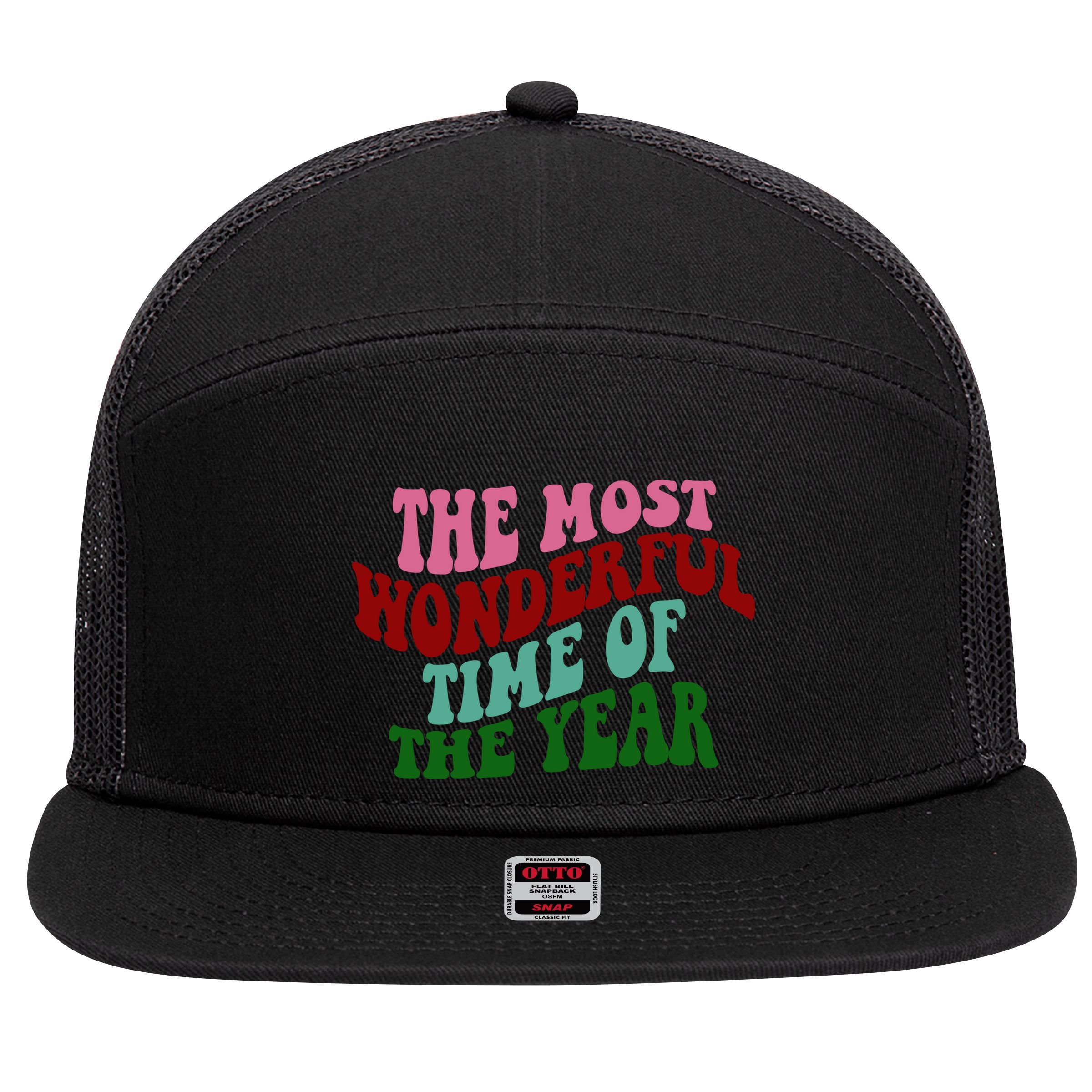 The Most Wonderful Time Of The Year Holiday Groovy 7 Panel Mesh Trucker Snapback Hat