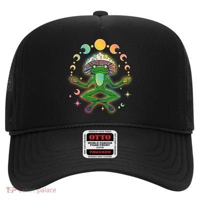 Trippy Meditating Yoga Mushroom Frog Toad High Crown Mesh Back Trucker Hat
