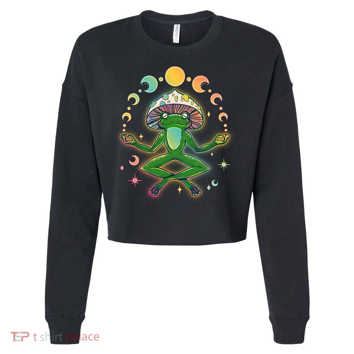 Trippy Meditating Yoga Mushroom Frog Toad Cropped Pullover Crew