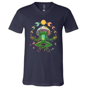 Trippy Meditating Yoga Mushroom Frog Toad V-Neck T-Shirt