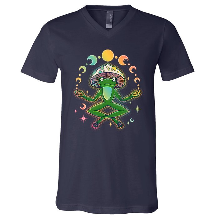 Trippy Meditating Yoga Mushroom Frog Toad V-Neck T-Shirt