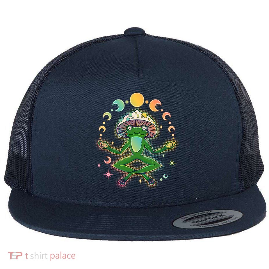 Trippy Meditating Yoga Mushroom Frog Toad Flat Bill Trucker Hat