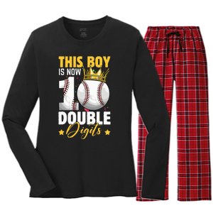 This Now 10 Double Digits Baseball 10 Years Old Birthday Women's Long Sleeve Flannel Pajama Set 