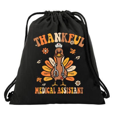 Thankful Nurse Assistant Groovy Thanksgiving Turkey Design Drawstring Bag