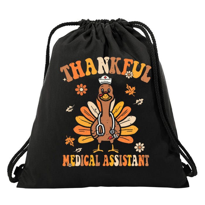 Thankful Nurse Assistant Groovy Thanksgiving Turkey Design Drawstring Bag