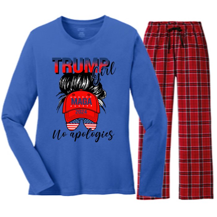 Trump No Apologies Patriotic American Meaningful Gift Women's Long Sleeve Flannel Pajama Set 