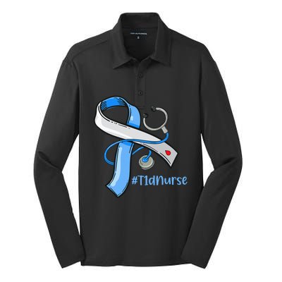 T1D Nurse Blue Ribbon Diabetes Awareness Silk Touch Performance Long Sleeve Polo