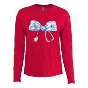 Toile Nurse Bow Blue Coquette Nurse Stethoscope Bow Womens Cotton Relaxed Long Sleeve T-Shirt