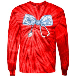 Toile Nurse Bow Blue Coquette Nurse Stethoscope Bow Tie-Dye Long Sleeve Shirt