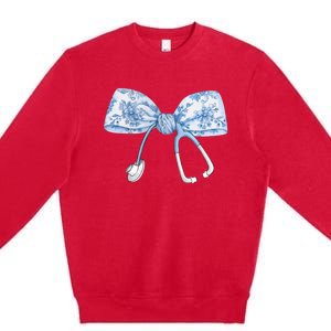 Toile Nurse Bow Blue Coquette Nurse Stethoscope Bow Premium Crewneck Sweatshirt