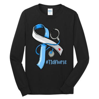 T1D Nurse Blue Ribbon Stethoscope Diabetes Awareness Tall Long Sleeve T-Shirt