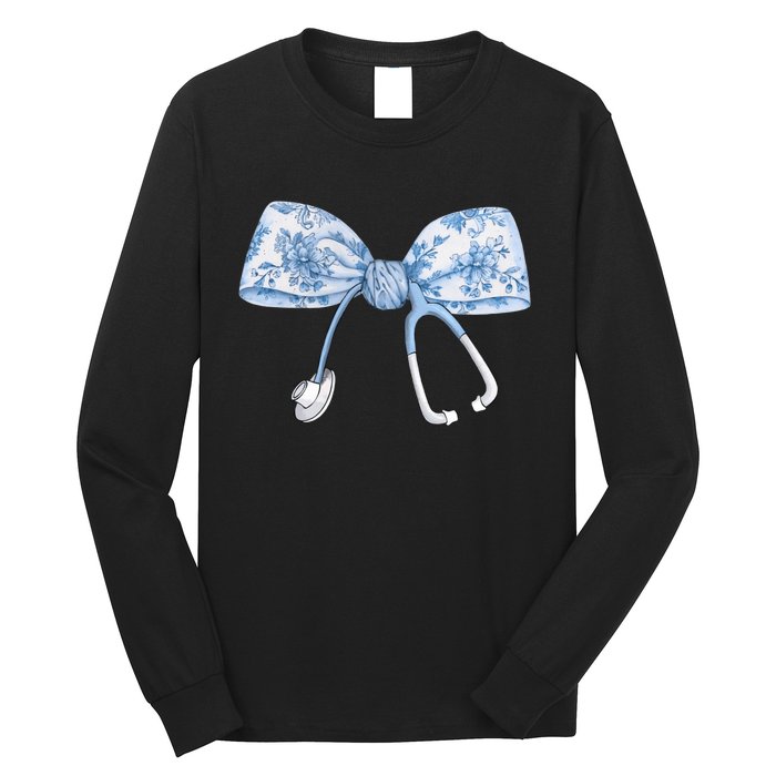 Toile Nurse Bow Blue Coquette Nurse Stethoscope Bow Long Sleeve Shirt