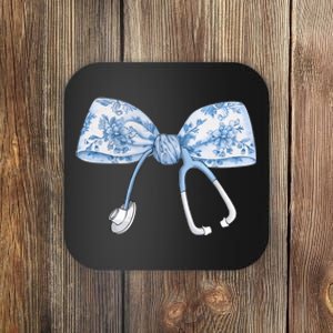 Toile Nurse Bow Blue Coquette Nurse Stethoscope Bow Coaster