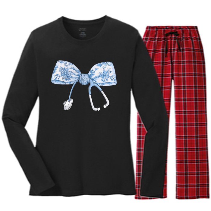 Toile Nurse Bow Blue Coquette Nurse Stethoscope Bow Women's Long Sleeve Flannel Pajama Set 