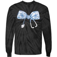 Toile Nurse Bow Blue Coquette Nurse Stethoscope Bow Tie-Dye Long Sleeve Shirt