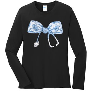 Toile Nurse Bow Blue Coquette Nurse Stethoscope Bow Ladies Long Sleeve Shirt