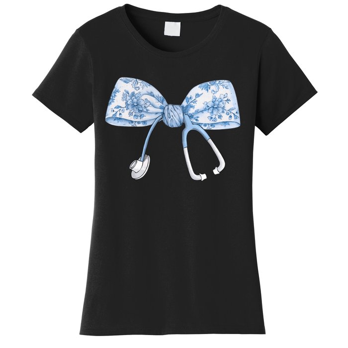 Toile Nurse Bow Blue Coquette Nurse Stethoscope Bow Women's T-Shirt